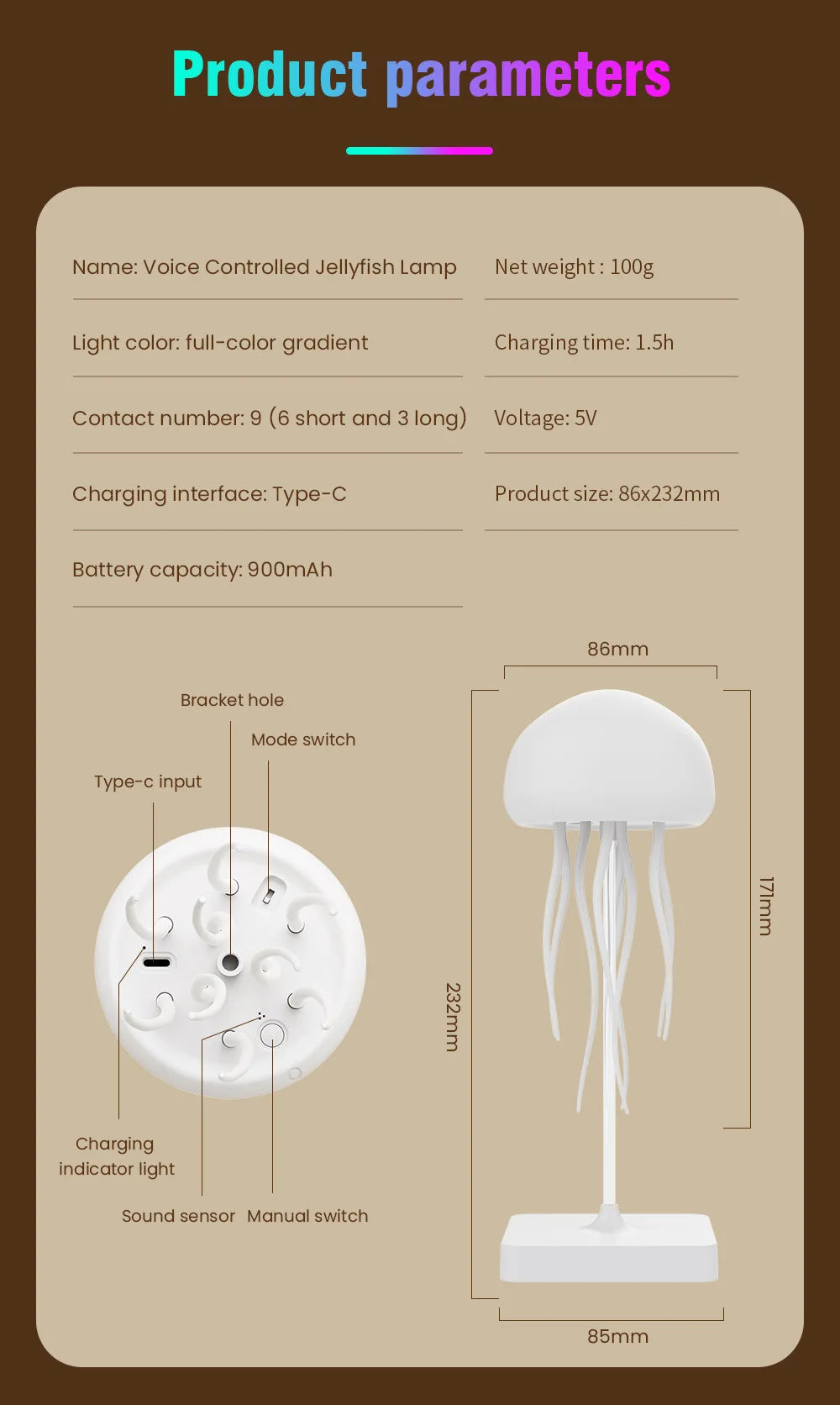 Cute Jellyfish Cartoon LED Night Light – Voice Control RGB Rotating Bedside Lamp, Gradient Color Hanging Table Lamp for Kids Room & Home Decor