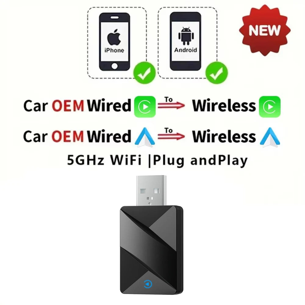 2 in 1 Wireless CarPlay Adapter&Android Mini Auto Wireless Adapter, 5Ghz WiFi Type-C/USB Plug & Play Carplay Wireless Adapter