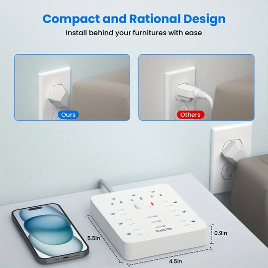 TRANSTON Power strip with Surge Protector, 9 power strip 3 USB Ports,5ft Extension Cord, Quick Charge, For Home and Off