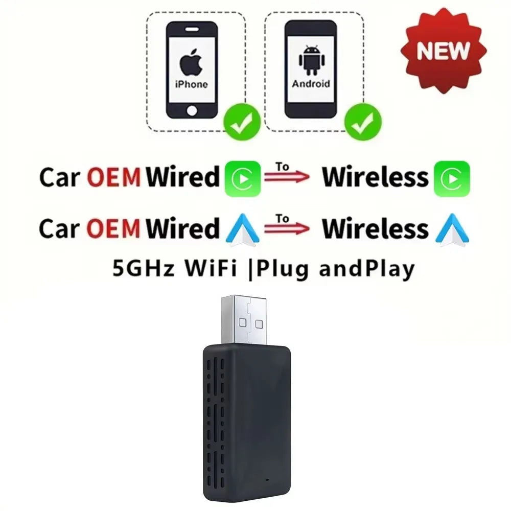2 in 1 Wireless CarPlay Adapter&Android Mini Auto Wireless Adapter, 5Ghz WiFi Type-C/USB Plug & Play Carplay Wireless Adapter