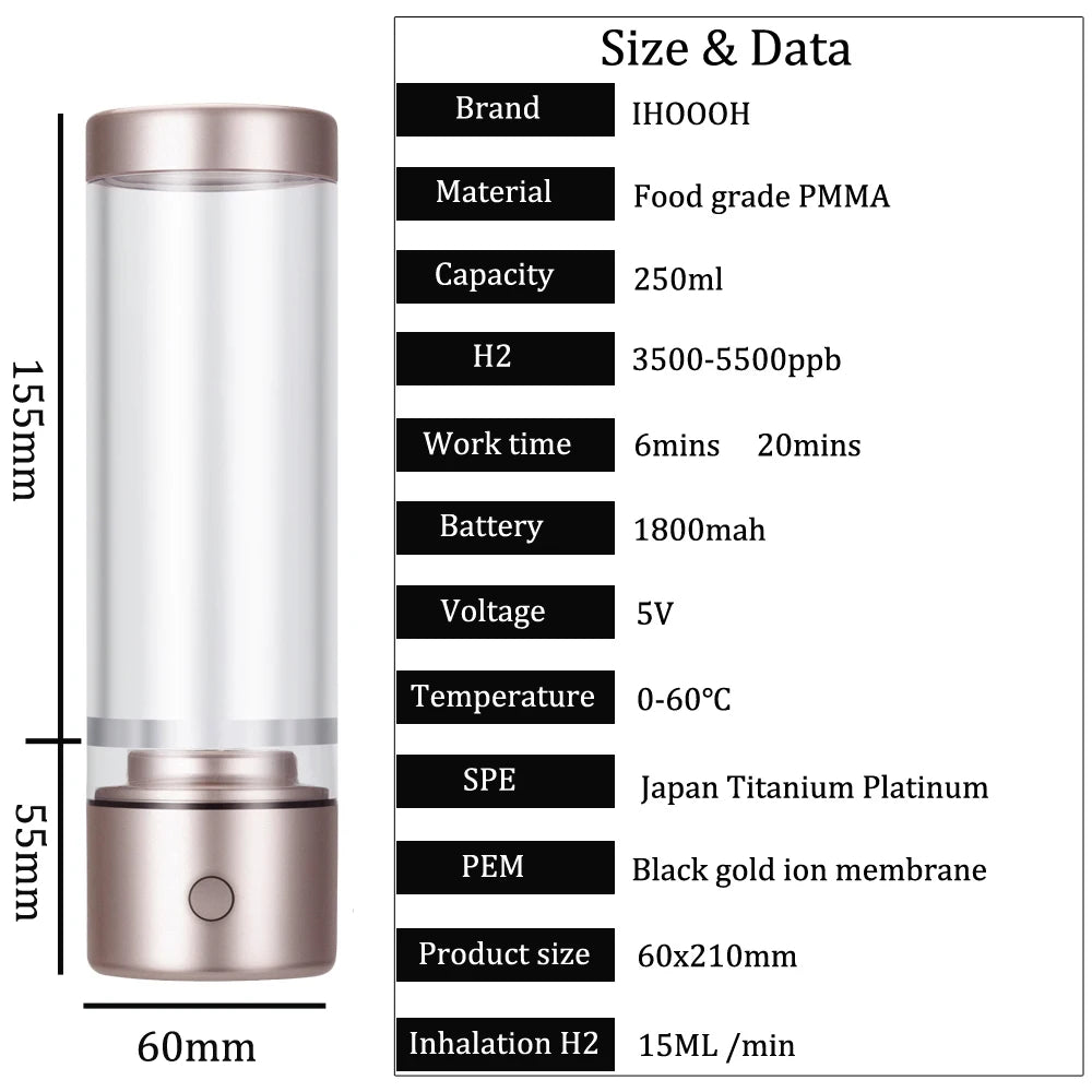 Portable 5000PPB Nano High Rich Hydrogen Water Generator Bottle ORP Alkaline Electrolysis Ionizer Anti-Aging Can Breathe Pure H2