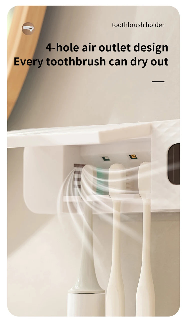 Smart Wall-Mounted Toothbrush Rack with Toothpaste Dispenser 3-Slot Automatic Toothbrush Holder with UV Drying & Sterilization