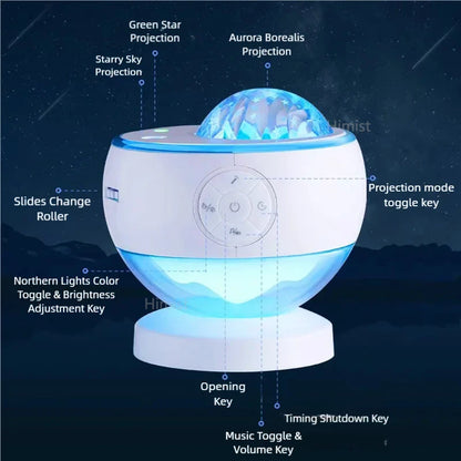 Aurora Galaxy Star Projector Lamp – USB Rechargeable Northern Lights Night Light with Bluetooth Speaker