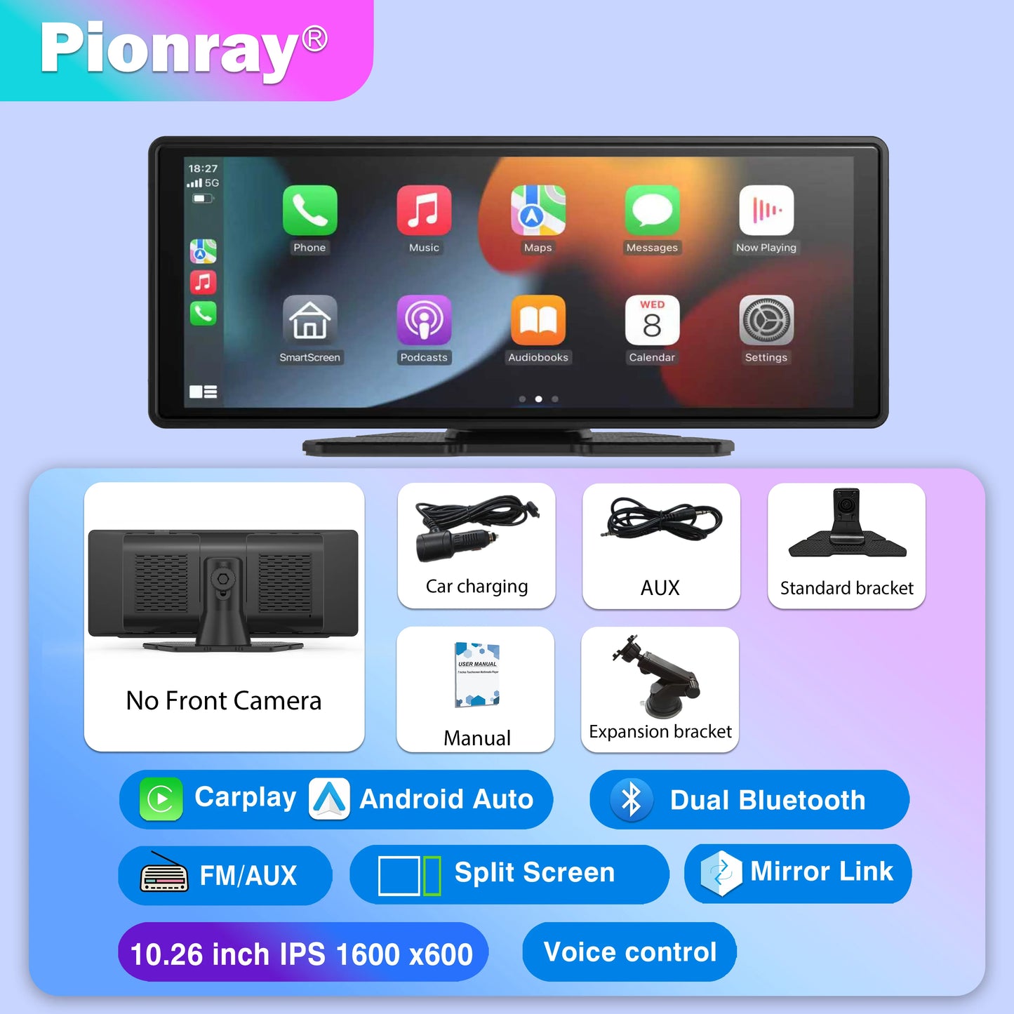 Pionray Universal 7"/10.26" Wireless CarPlay & Android Auto Portable Touchscreen Car Radio Multimedia Player