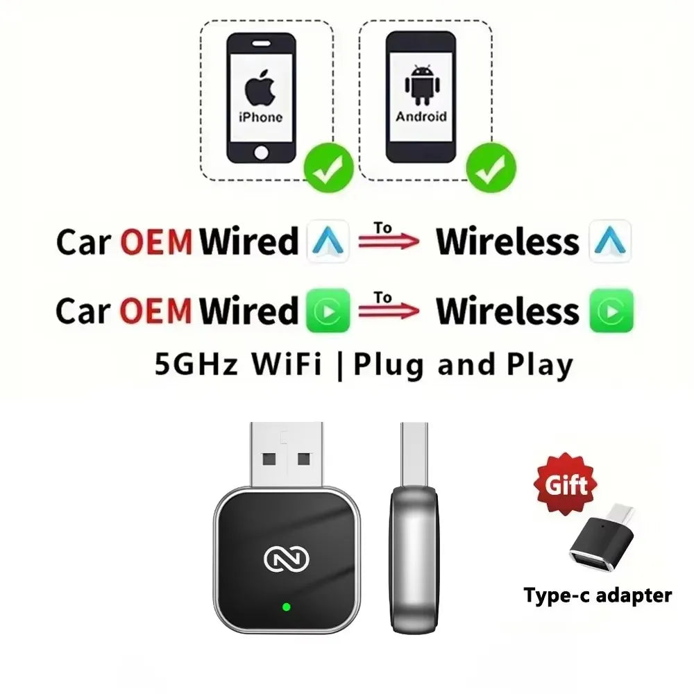 2 in 1 Wireless CarPlay Adapter&Android Mini Auto Wireless Adapter, 5Ghz WiFi Type-C/USB Plug & Play Carplay Wireless Adapter