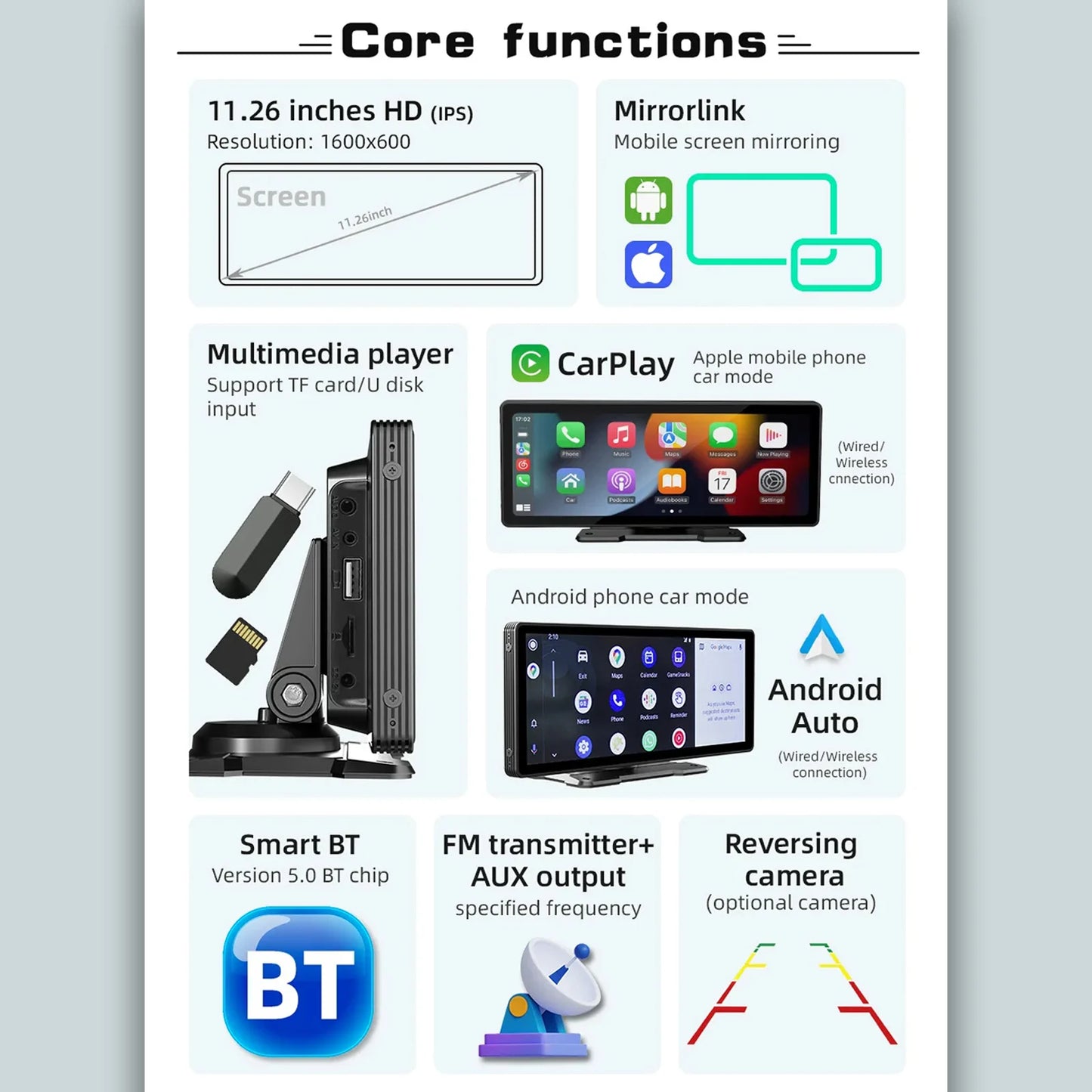 Pionray Universal 7"/10.26" Wireless CarPlay & Android Auto Portable Touchscreen Car Radio Multimedia Player