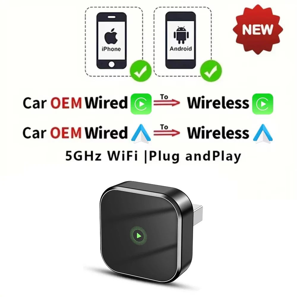 2 in 1 Wireless CarPlay Adapter&Android Mini Auto Wireless Adapter, 5Ghz WiFi Type-C/USB Plug & Play Carplay Wireless Adapter
