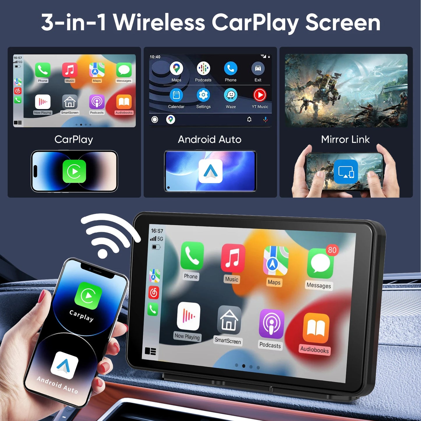 Pionray Universal 7"/10.26" Wireless CarPlay & Android Auto Portable Touchscreen Car Radio Multimedia Player