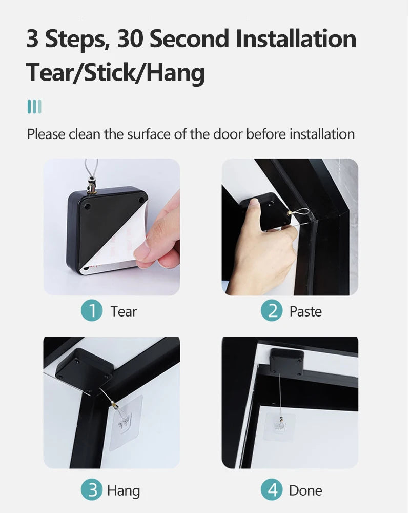 Automatic Door Closer with Pull String – Punch-Free Self-Closing Device, Adjustable Tension, No-Drill
