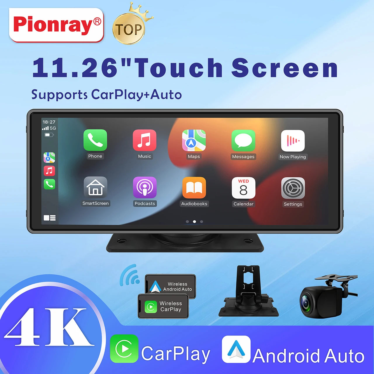 Pionray Universal 7"/10.26" Wireless CarPlay & Android Auto Portable Touchscreen Car Radio Multimedia Player