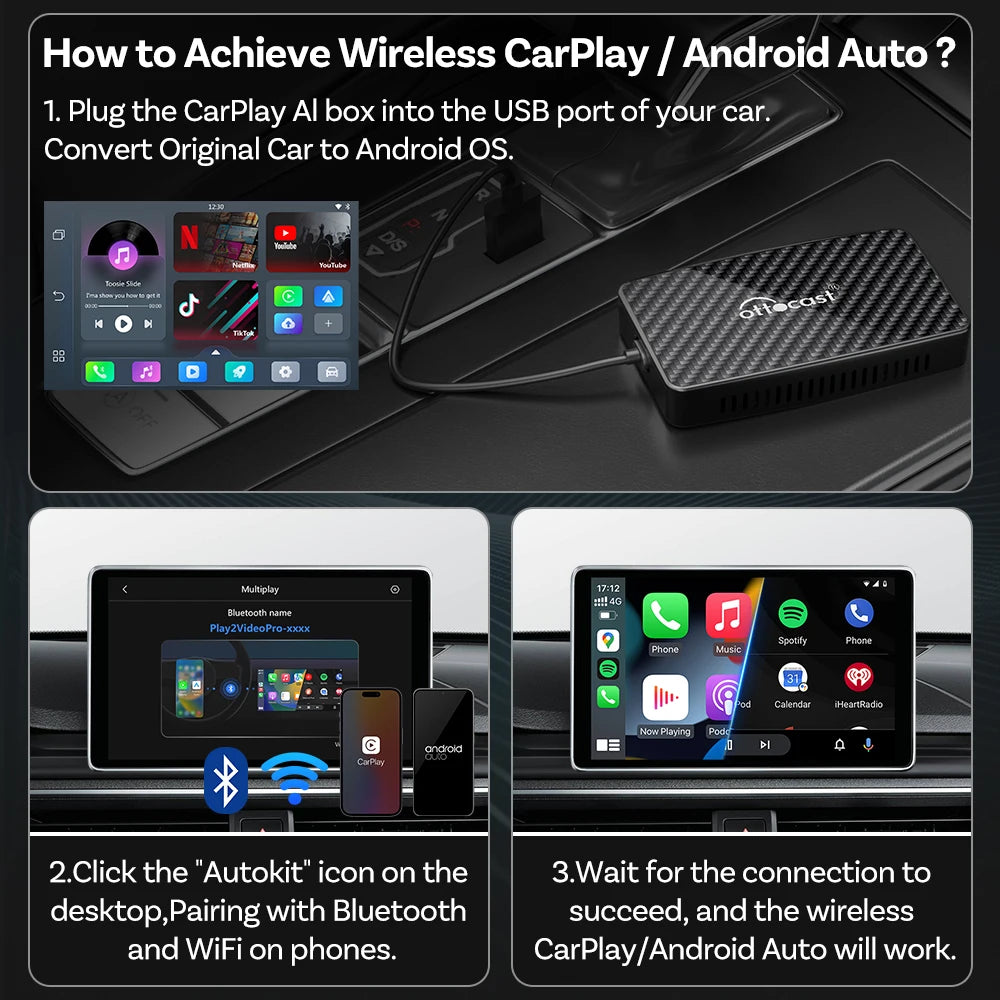 OTTOCAST Play2 Video Pro Carplay Ai Box Wireless Android Auto Adapter Built in Youtube Netflix TV BOX For VW Benz 99% of Cars
