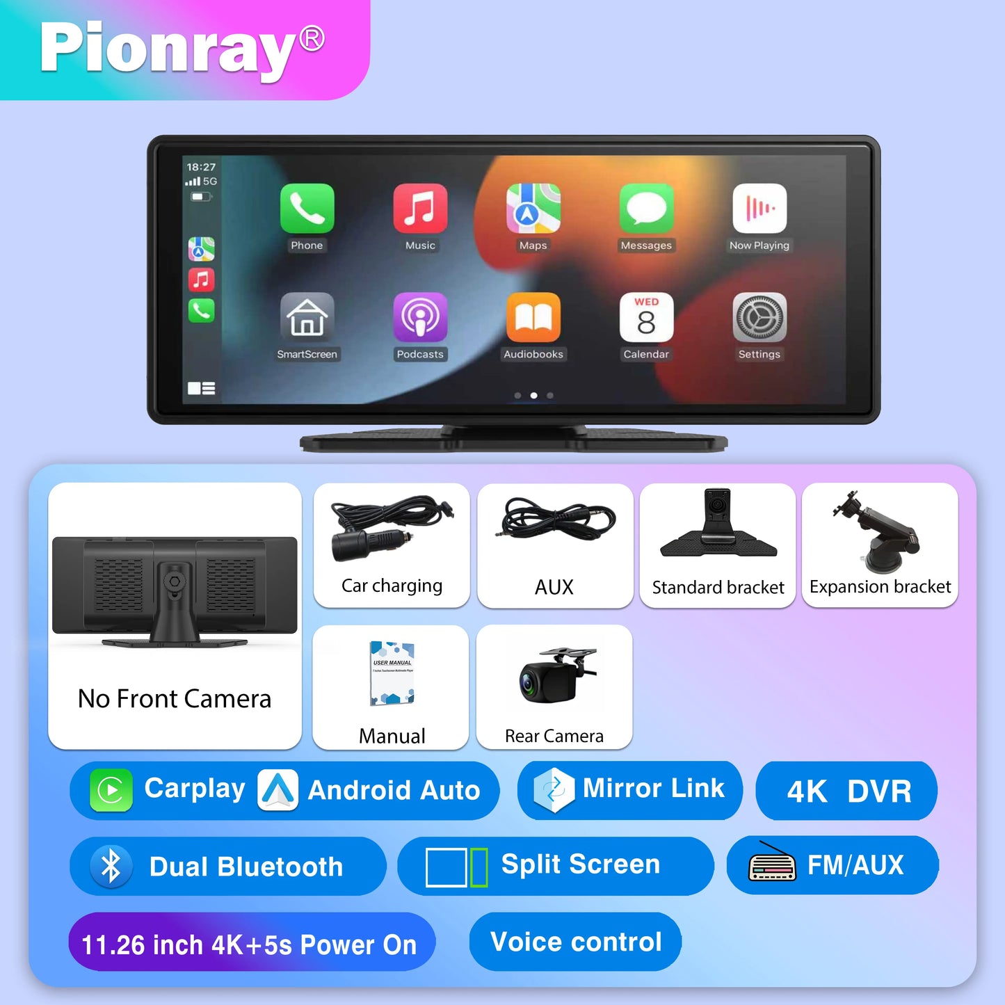 Pionray Universal 7"/10.26" Wireless CarPlay & Android Auto Portable Touchscreen Car Radio Multimedia Player