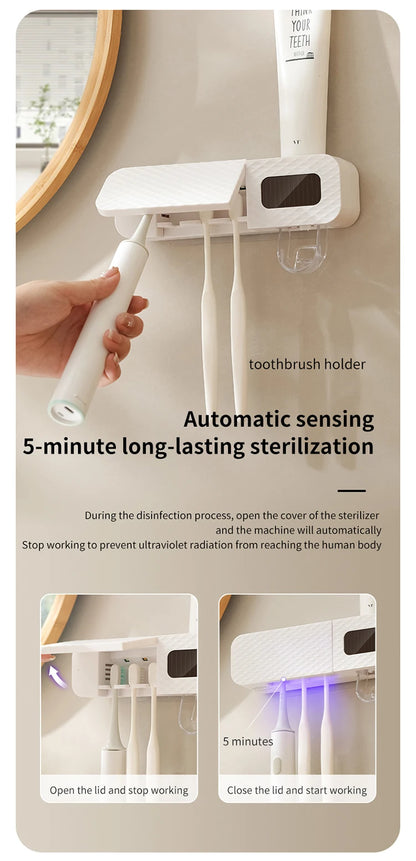 Smart Wall-Mounted Toothbrush Rack with Toothpaste Dispenser 3-Slot Automatic Toothbrush Holder with UV Drying & Sterilization