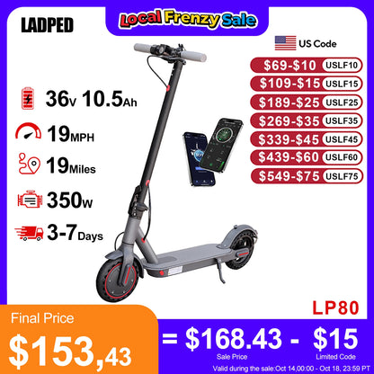 LADPED Electric Scooter 350W 19mph APP Smart Scooter Shock-absorbing Anti-skid ‎8.5 Inches Folding waterproof Electric Scooter