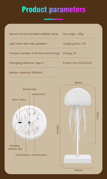 Cute Jellyfish Cartoon LED Night Light – Voice Control RGB Rotating Bedside Lamp, Gradient Color Hanging Table Lamp for Kids Room & Home Decor