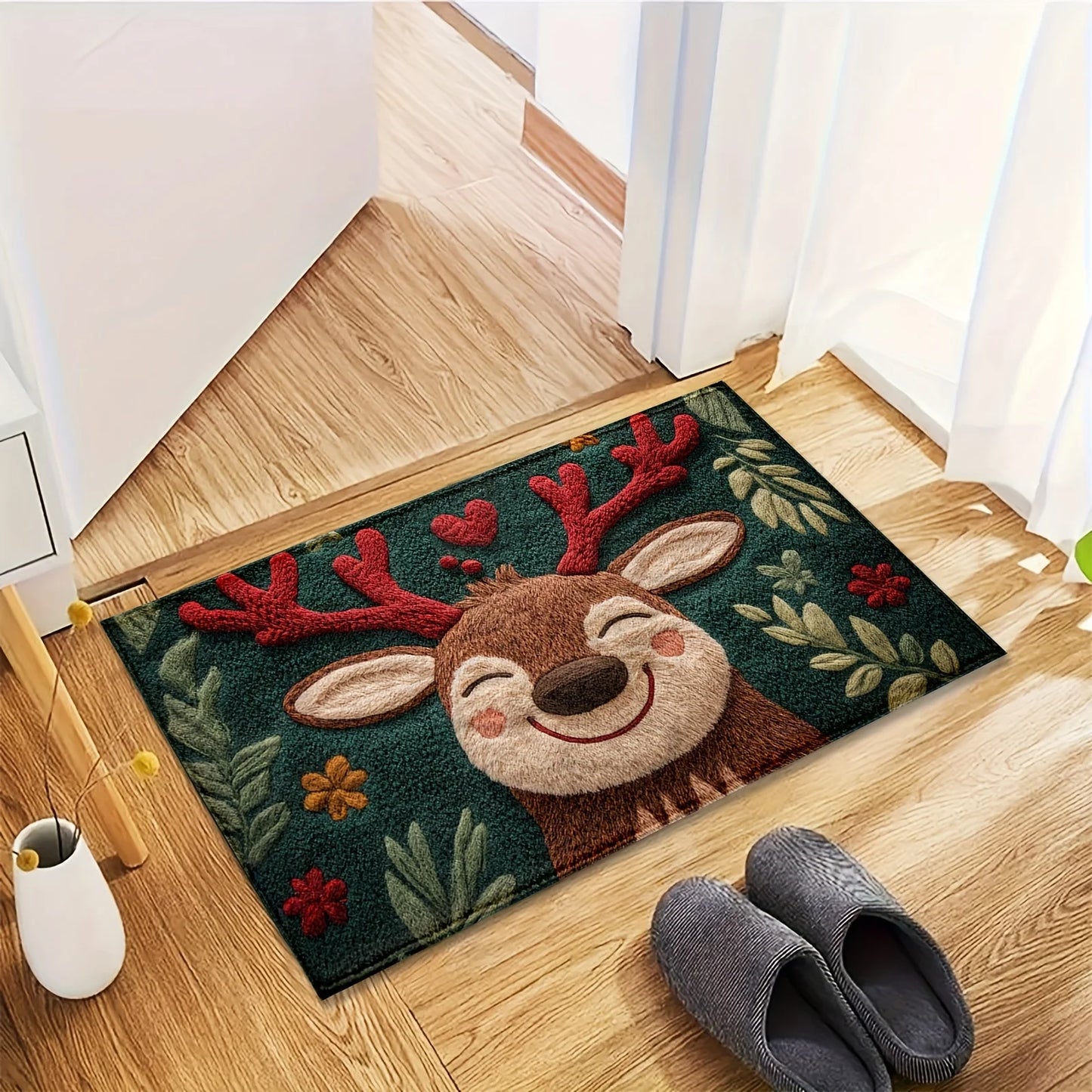 1pc Fluffy Christmas Deer Microfiber Bath Mat - Quick-Dry & Absorbent, Festive Holiday Design with Red Berries & Green Leaves