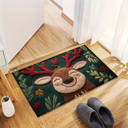 1pc Fluffy Christmas Deer Microfiber Bath Mat - Quick-Dry & Absorbent, Festive Holiday Design with Red Berries & Green Leaves
