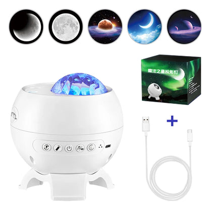 Aurora Galaxy Star Projector Lamp – USB Rechargeable Northern Lights Night Light with Bluetooth Speaker