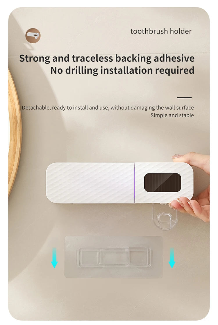 Smart Wall-Mounted Toothbrush Rack with Toothpaste Dispenser 3-Slot Automatic Toothbrush Holder with UV Drying & Sterilization