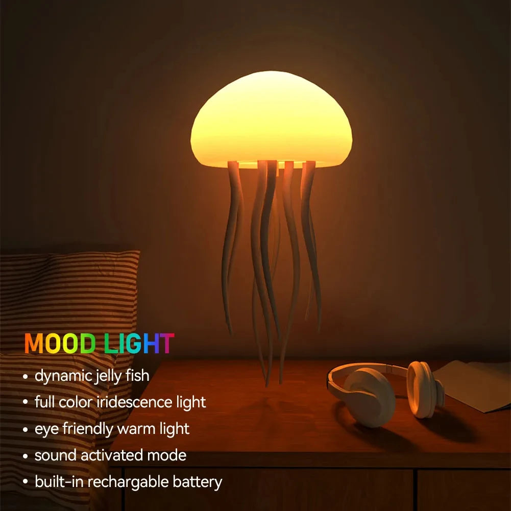 Cute Jellyfish Cartoon LED Night Light – Voice Control RGB Rotating Bedside Lamp, Gradient Color Hanging Table Lamp for Kids Room & Home Decor