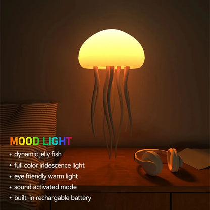 Cute Jellyfish Cartoon LED Night Light – Voice Control RGB Rotating Bedside Lamp, Gradient Color Hanging Table Lamp for Kids Room & Home Decor