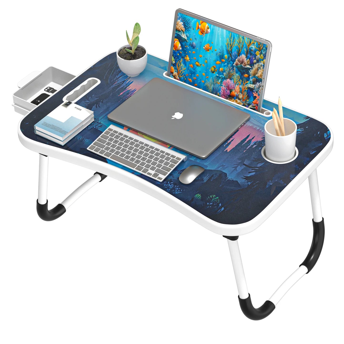 Extra-large multifunctional folding desk, portable multi-color wooden laptop bed desk with cup holder, suitable for work, readin