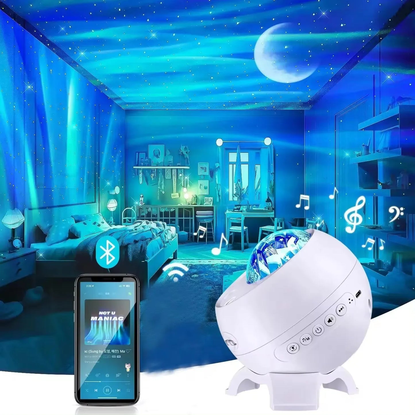 Aurora Galaxy Star Projector Lamp – USB Rechargeable Northern Lights Night Light with Bluetooth Speaker