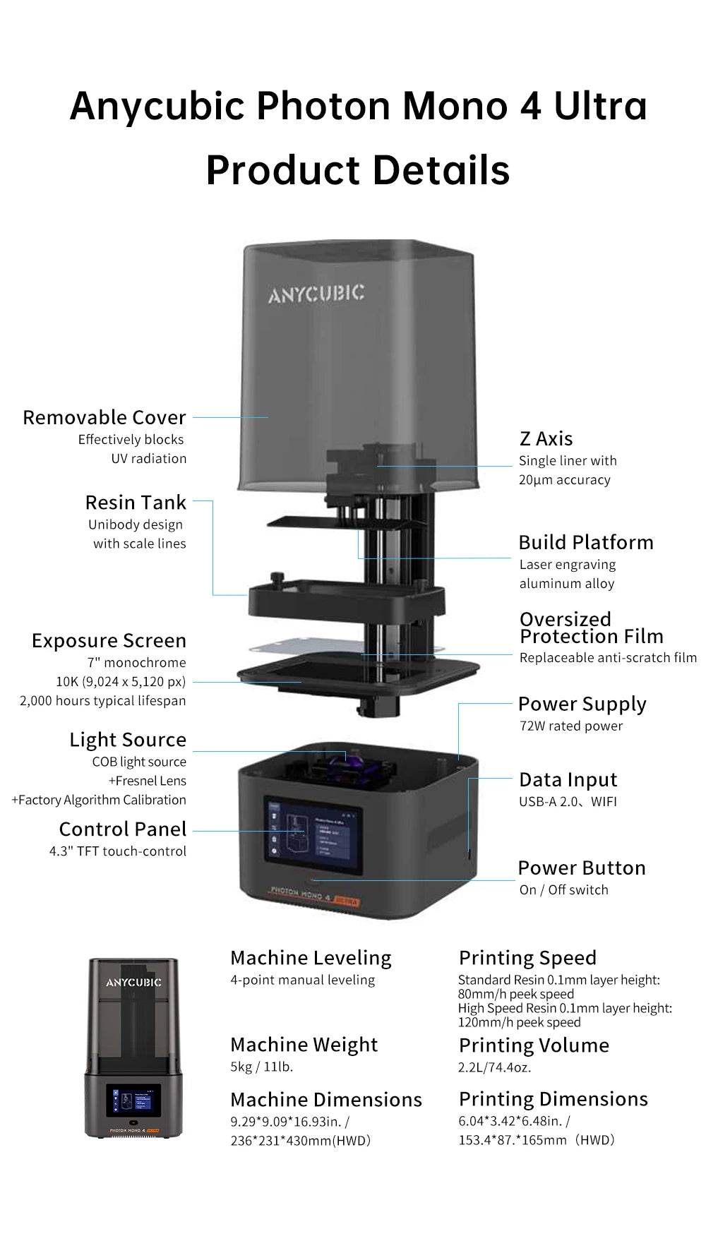 ANYCUBIC Photon Mono 4 Ultra AE Version LCD 3D Printer 7" 10K High Precision 3D Printing 2.2L Build Volume 236mm*231mm*430mm