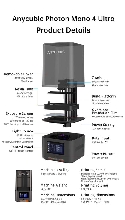 ANYCUBIC Photon Mono 4 Ultra AE Version LCD 3D Printer 7" 10K High Precision 3D Printing 2.2L Build Volume 236mm*231mm*430mm