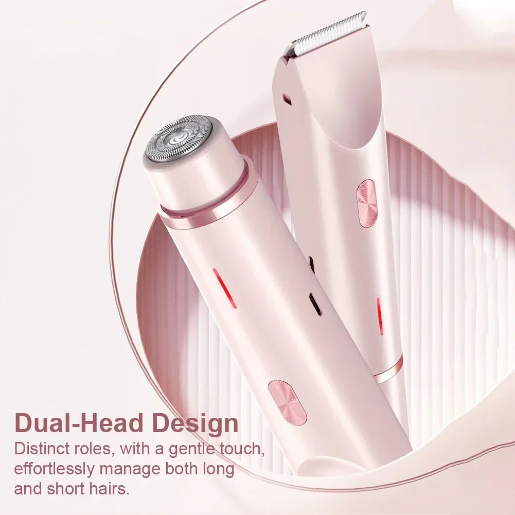 Women Electric Razors 2 in 1 Dual-Head Painless Bikini Trimmer Wet Dry Use for Ladies Pubic Hair Detachable Head Electric Shaver