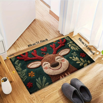 1pc Fluffy Christmas Deer Microfiber Bath Mat - Quick-Dry & Absorbent, Festive Holiday Design with Red Berries & Green Leaves