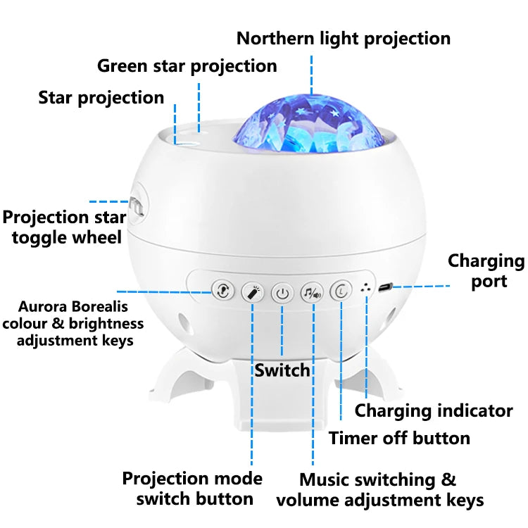 Aurora Galaxy Star Projector Lamp – USB Rechargeable Northern Lights Night Light with Bluetooth Speaker