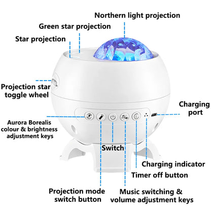 Aurora Galaxy Star Projector Lamp – USB Rechargeable Northern Lights Night Light with Bluetooth Speaker