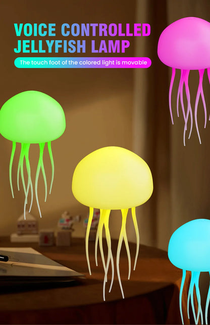 Cute Jellyfish Cartoon LED Night Light – Voice Control RGB Rotating Bedside Lamp, Gradient Color Hanging Table Lamp for Kids Room & Home Decor