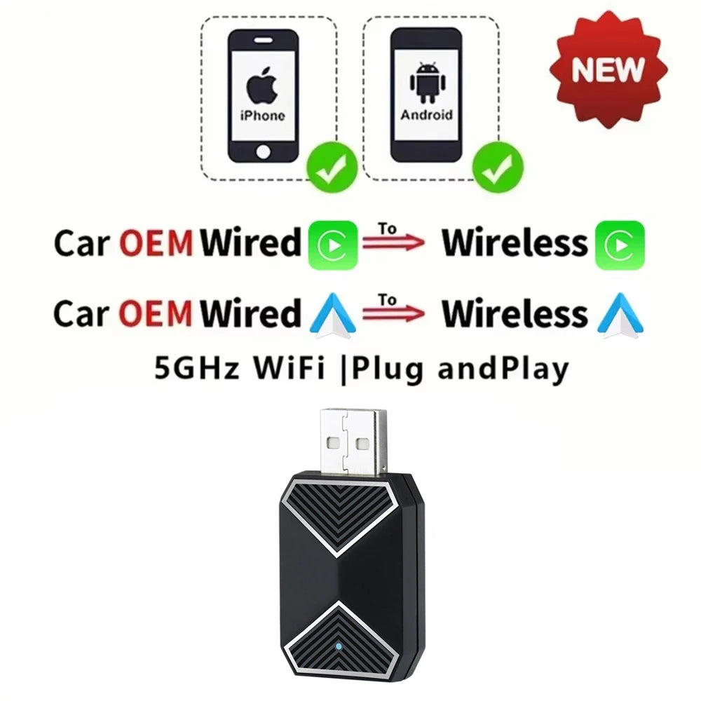 2 in 1 Wireless CarPlay Adapter&Android Mini Auto Wireless Adapter, 5Ghz WiFi Type-C/USB Plug & Play Carplay Wireless Adapter