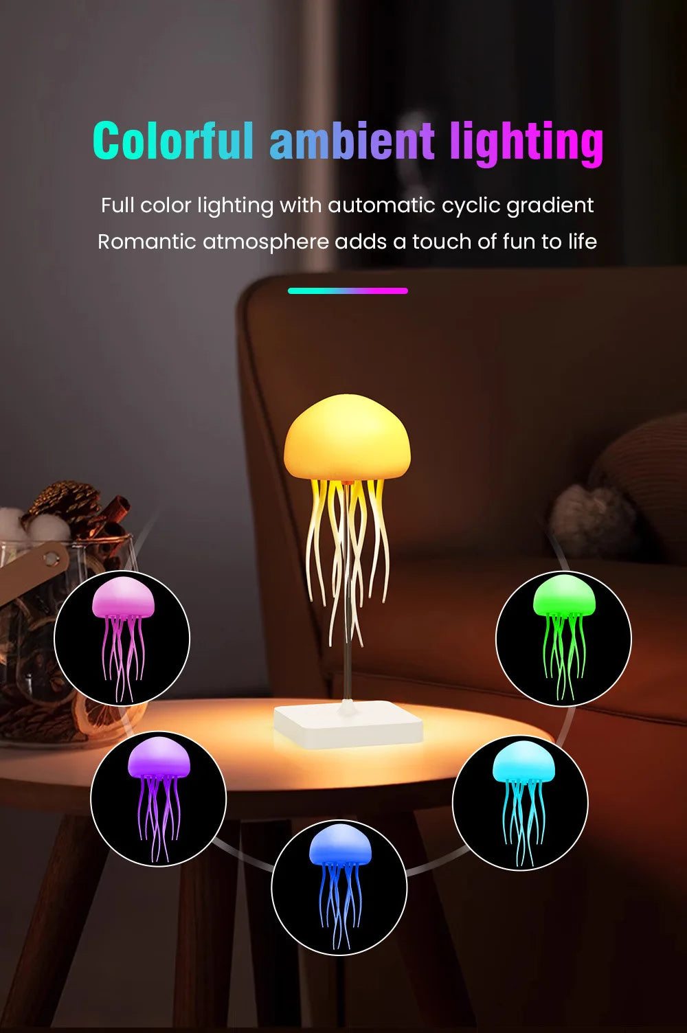 Cute Jellyfish Cartoon LED Night Light – Voice Control RGB Rotating Bedside Lamp, Gradient Color Hanging Table Lamp for Kids Room & Home Decor