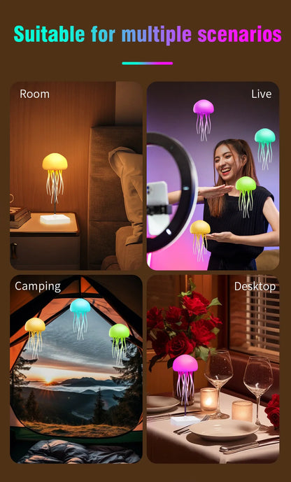 Cute Jellyfish Cartoon LED Night Light – Voice Control RGB Rotating Bedside Lamp, Gradient Color Hanging Table Lamp for Kids Room & Home Decor