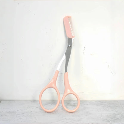 Pink eyebrow trimming scissors with built-in comb - stainless steel, precise grooming tool, creating perfect eyebrows