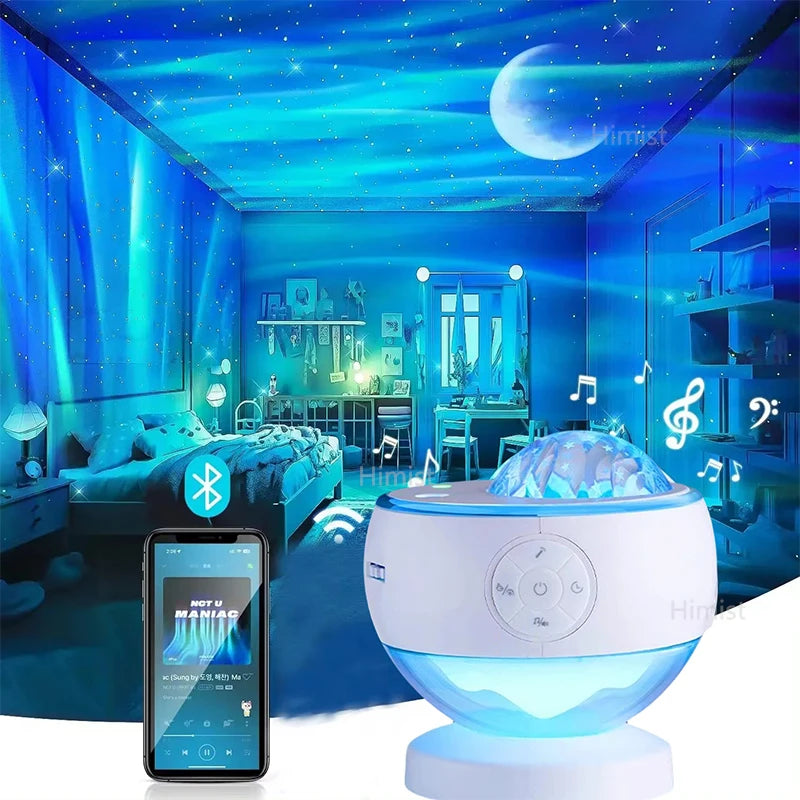Aurora Galaxy Star Projector Lamp – USB Rechargeable Northern Lights Night Light with Bluetooth Speaker