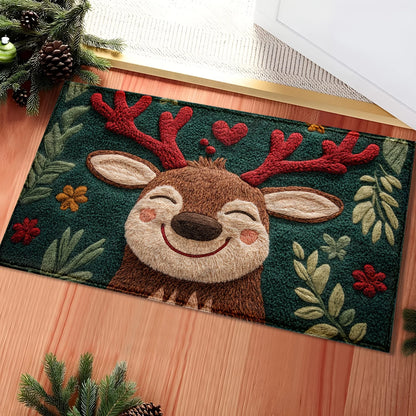 1pc Fluffy Christmas Deer Microfiber Bath Mat - Quick-Dry & Absorbent, Festive Holiday Design with Red Berries & Green Leaves