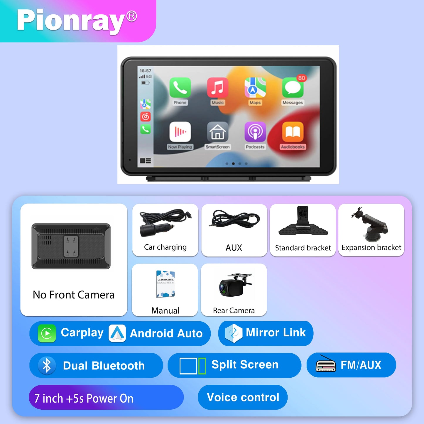 Pionray Universal 7"/10.26" Wireless CarPlay & Android Auto Portable Touchscreen Car Radio Multimedia Player