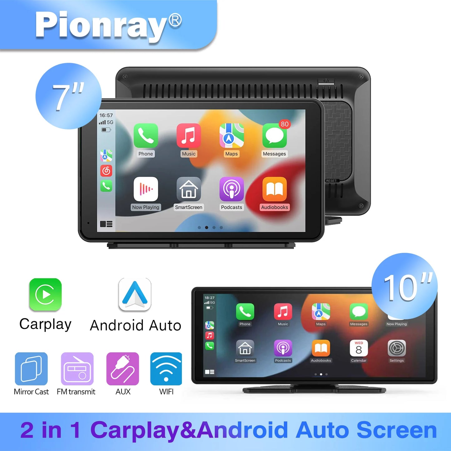 Pionray Universal 7"/10.26" Wireless CarPlay & Android Auto Portable Touchscreen Car Radio Multimedia Player