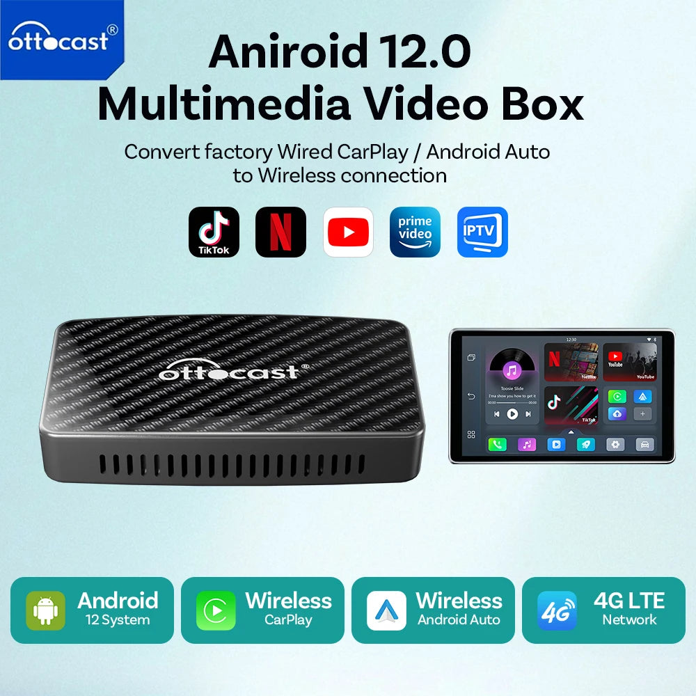 OTTOCAST Play2 Video Pro Carplay Ai Box Wireless Android Auto Adapter Built in Youtube Netflix TV BOX For VW Benz 99% of Cars