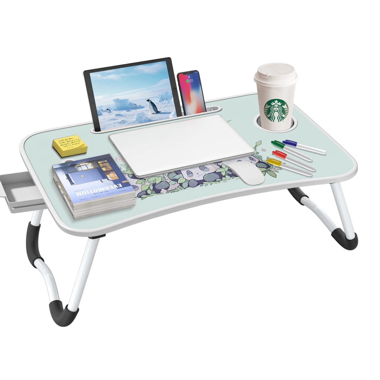 Extra-large multifunctional folding desk, portable multi-color wooden laptop bed desk with cup holder, suitable for work, readin
