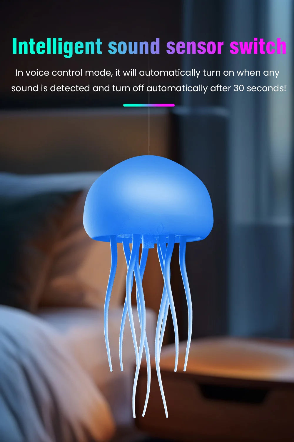 Cute Jellyfish Cartoon LED Night Light – Voice Control RGB Rotating Bedside Lamp, Gradient Color Hanging Table Lamp for Kids Room & Home Decor