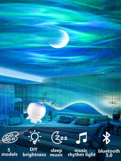 Aurora Galaxy Star Projector Lamp – USB Rechargeable Northern Lights Night Light with Bluetooth Speaker