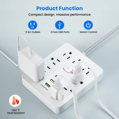 TRANSTON   Power strip with Surge Protector, 9 power strip   3 USB Ports,5ft Extension Cord, Quick Charge, For Home and Off