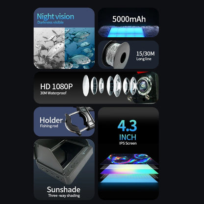 Fish Finder with Underwater 1080P HD Camera – 4.3" LCD Screen, Night Vision, 5000mAh Battery, Portable Fishing Tool for Ice, Lake & Boat Fishing