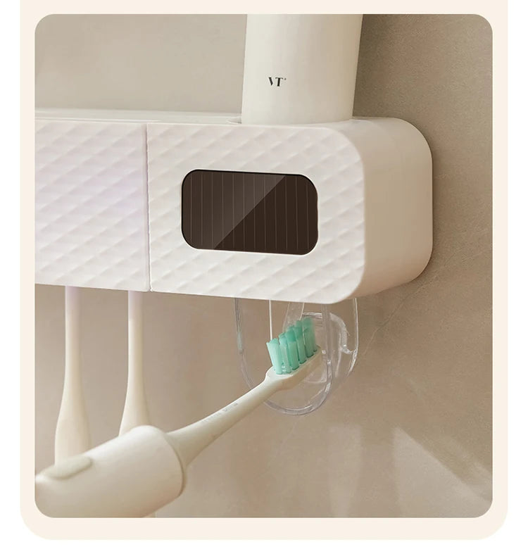 Smart Wall-Mounted Toothbrush Rack with Toothpaste Dispenser 3-Slot Automatic Toothbrush Holder with UV Drying & Sterilization