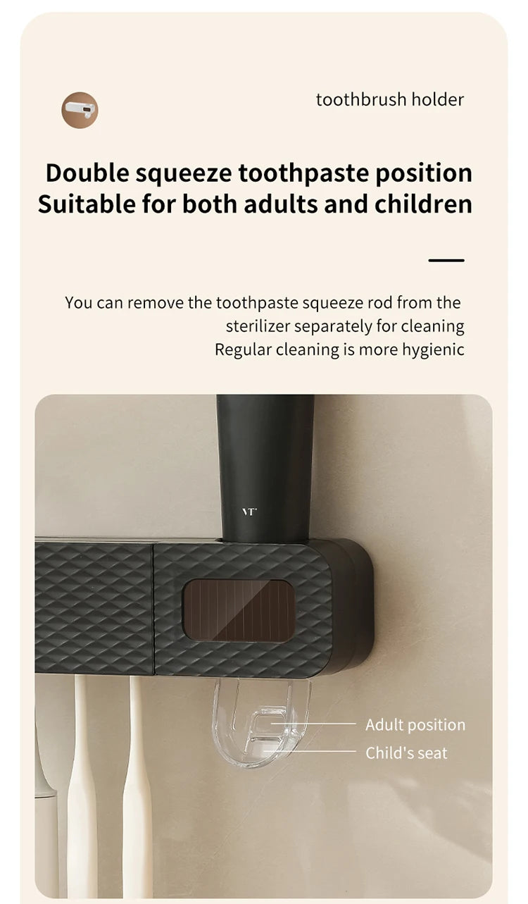 Smart Wall-Mounted Toothbrush Rack with Toothpaste Dispenser 3-Slot Automatic Toothbrush Holder with UV Drying & Sterilization